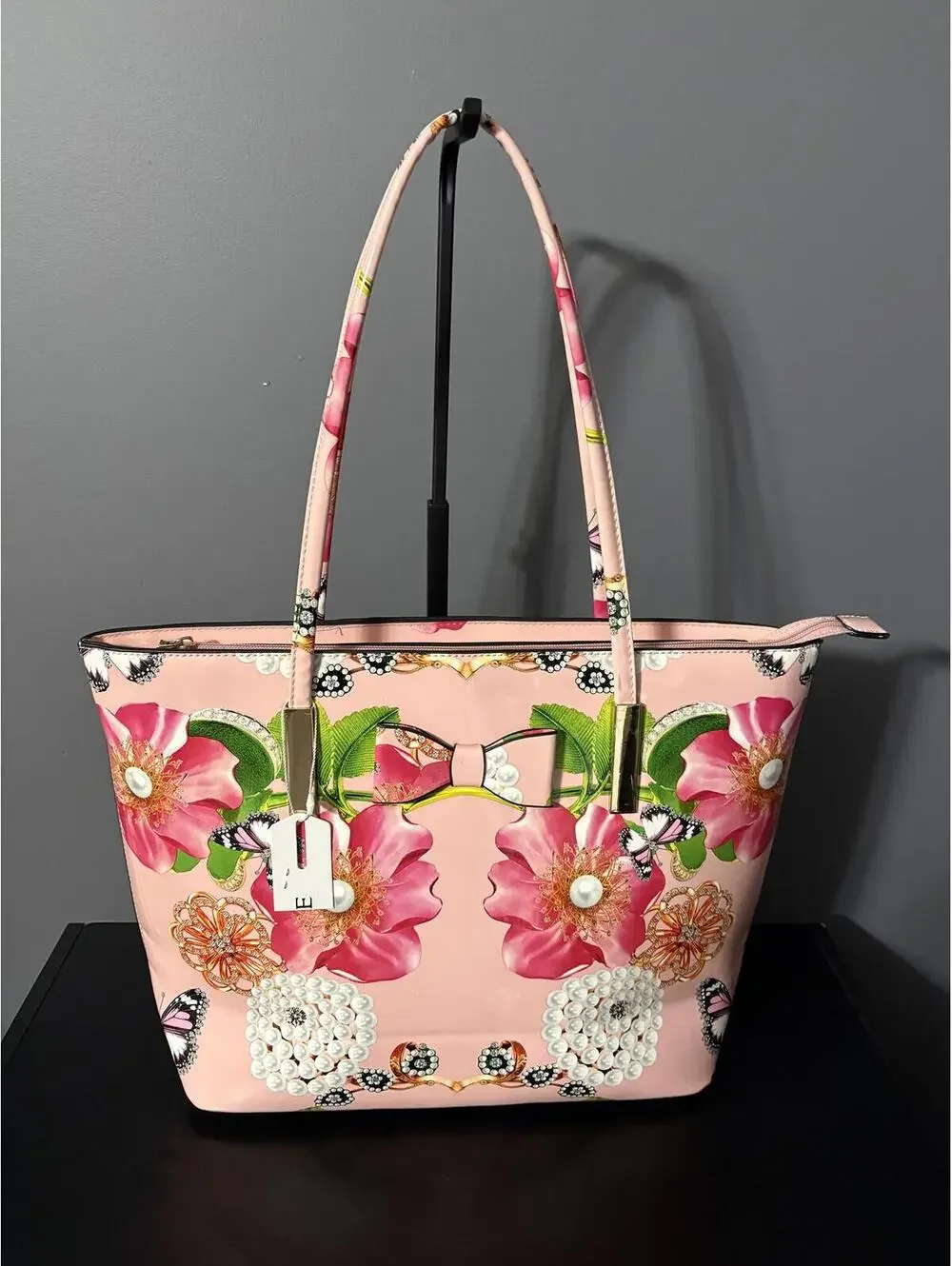 Pink Graphic Floral Tote Bag Bow Accent - Picture 1 of 8